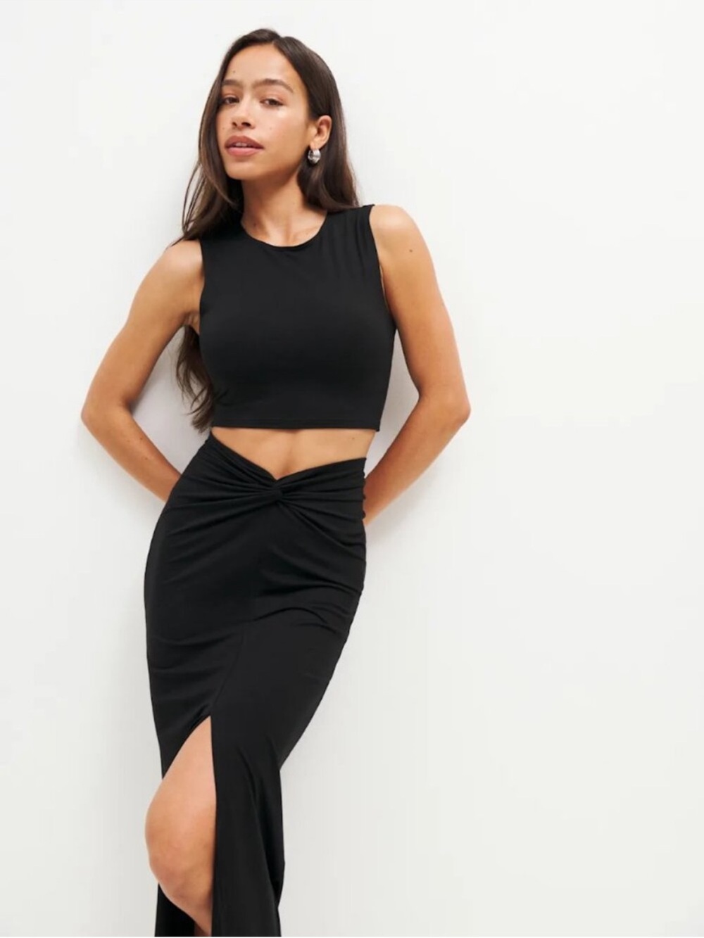 Reformation Black Twist-Knot Midi Skirt Set